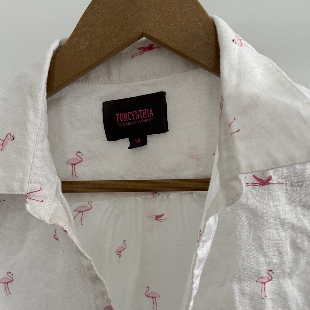Beachwear Pink Flamingo Embroidered White Linen Shirt - Picture 2 of 3